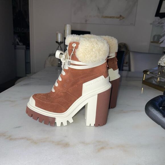 New Dolce & Gabbana Trekking Shearling Biker Ankle Boots in Burnt Brown/Neutral - Picture 8 of 12